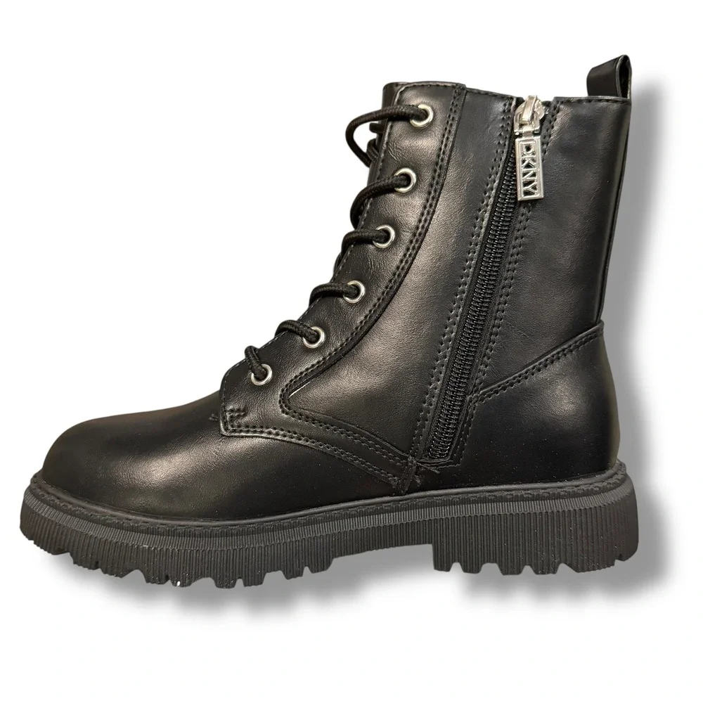 DKNY Kids Black Ava Menia Combat Boots Rhinestone Cuff Side Zip Lace Up Sz 2 NEW